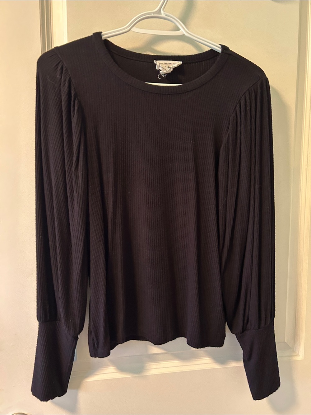 For The Republic Black Ribbed Long Sleeve Top with Puffed Shoulders